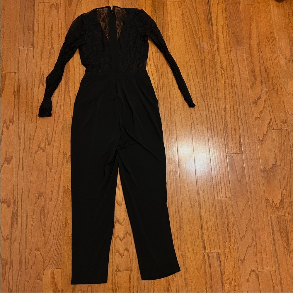 Black Lace Long Sleeve V-Neck Jumpsuit – Elegant Wide Leg Evening Romper Size M - Picture 3 of 4